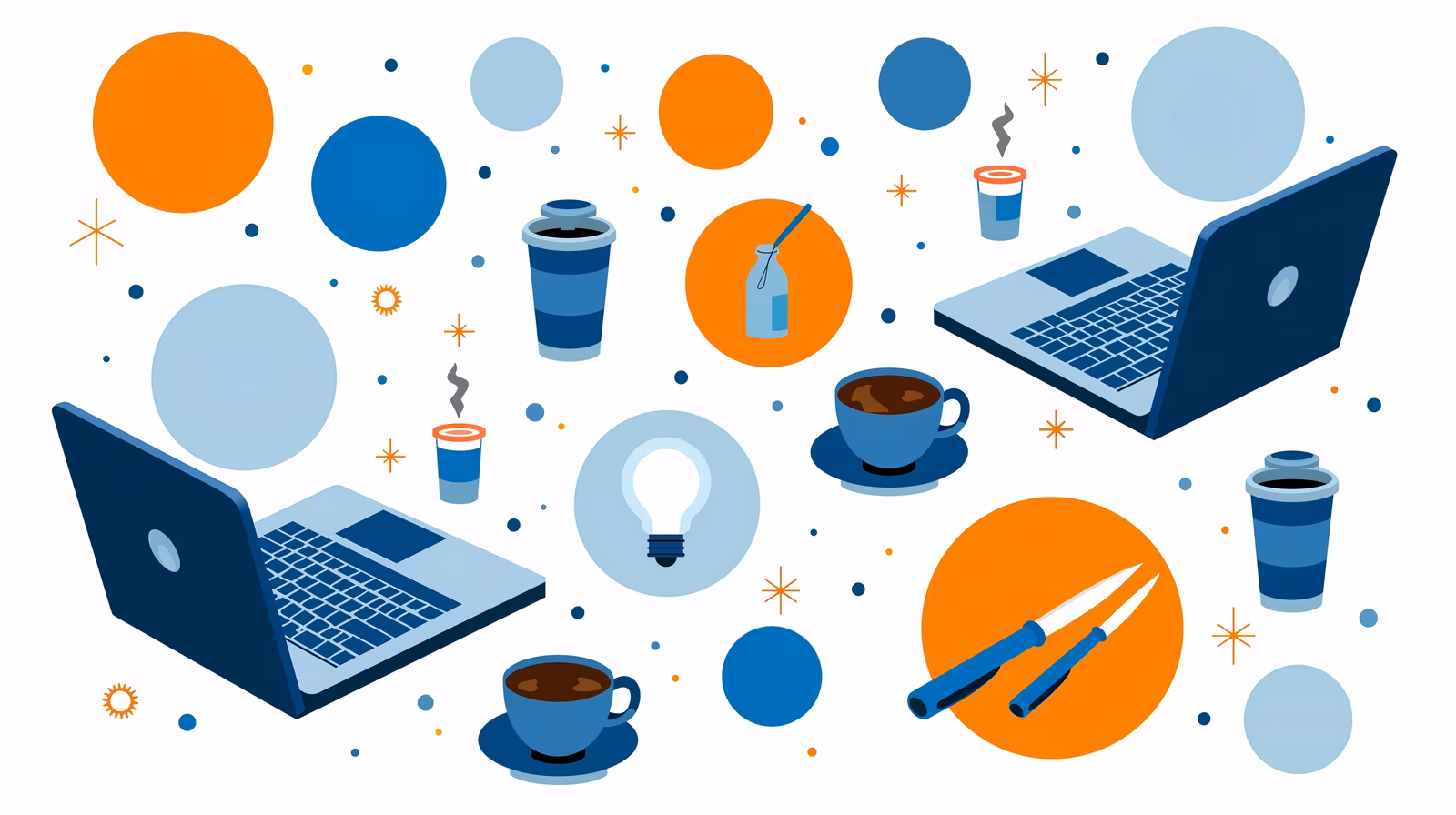 A dynamic illustration of a creative workspace with laptops and coffee cups.