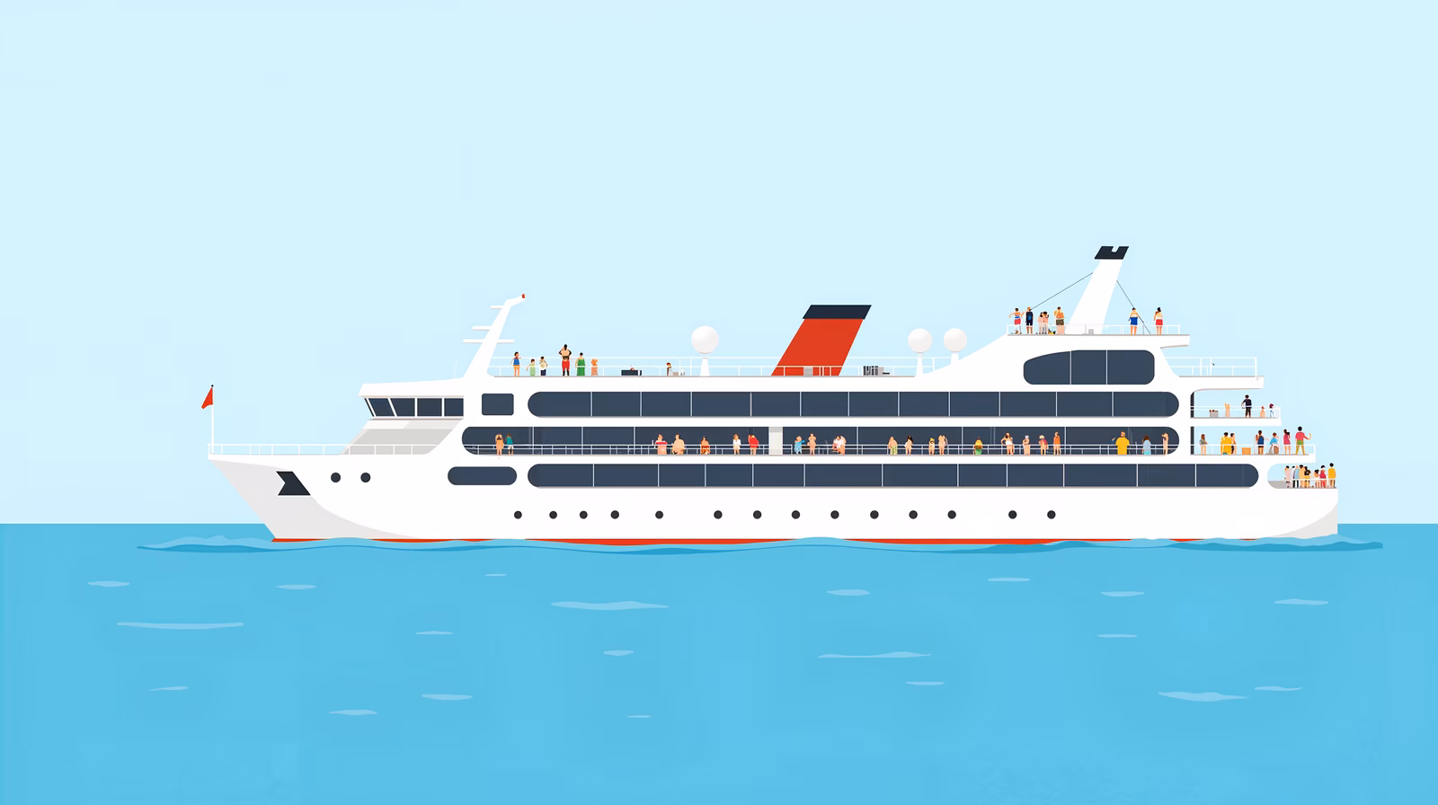 A lively illustration of a cruise ship with passengers enjoying their journey.