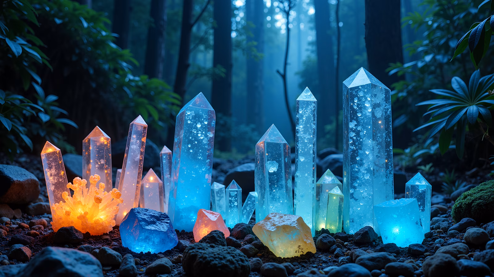 Glowing crystals in a mystical forest setting