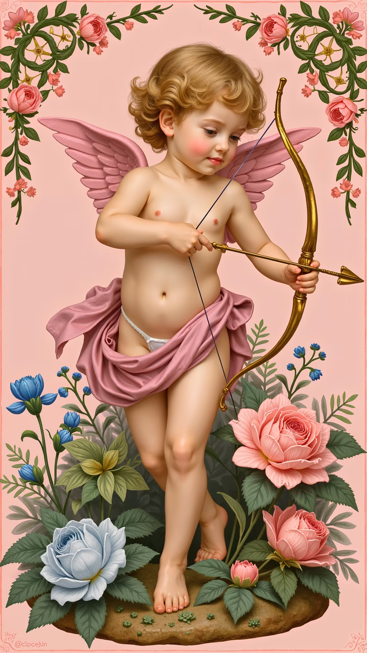 Cupid with a golden bow amidst a floral garden, evoking romance and serenity.