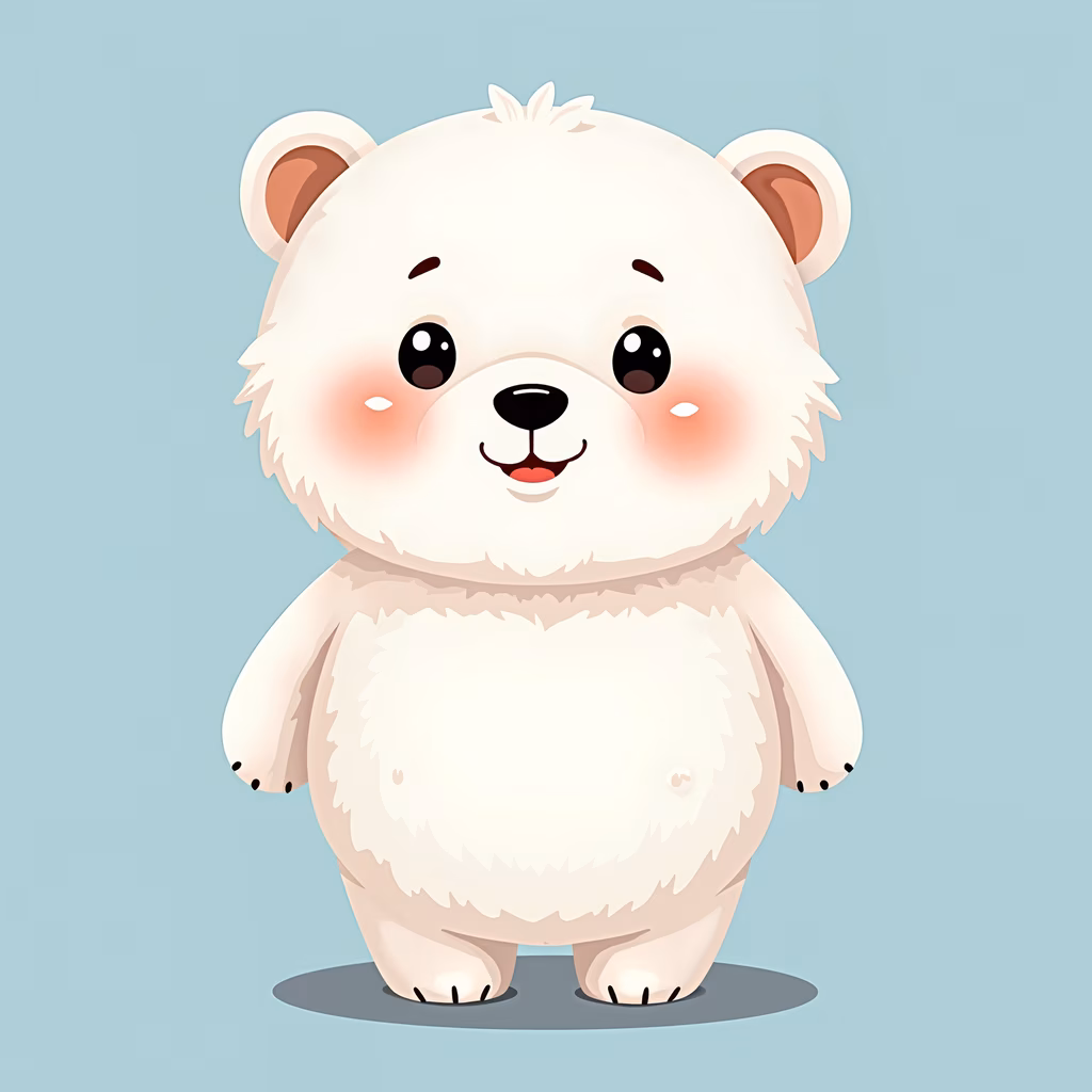 A cute, fluffy polar bear with rosy cheeks and a gentle smile, perfect for children's art.