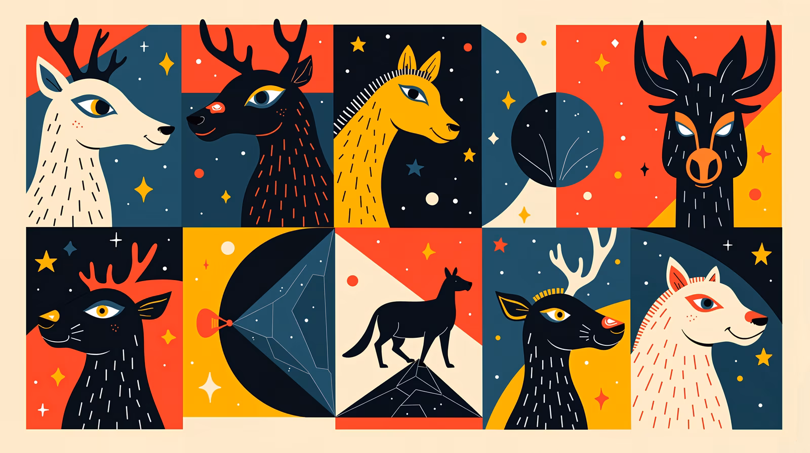 Stylized deer heads in a cosmic-themed illustration with bold colors and geometric designs.