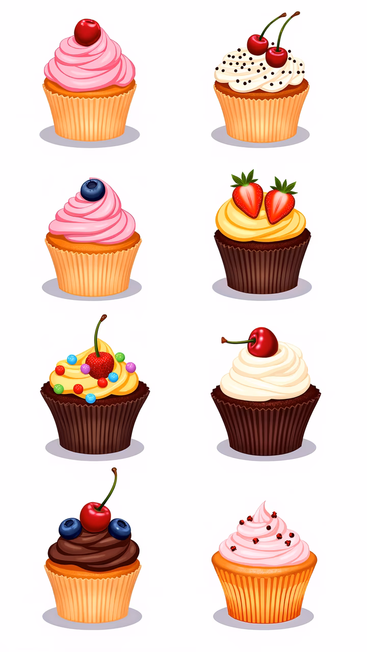 Brightly colored cupcakes with various toppings and flavors.