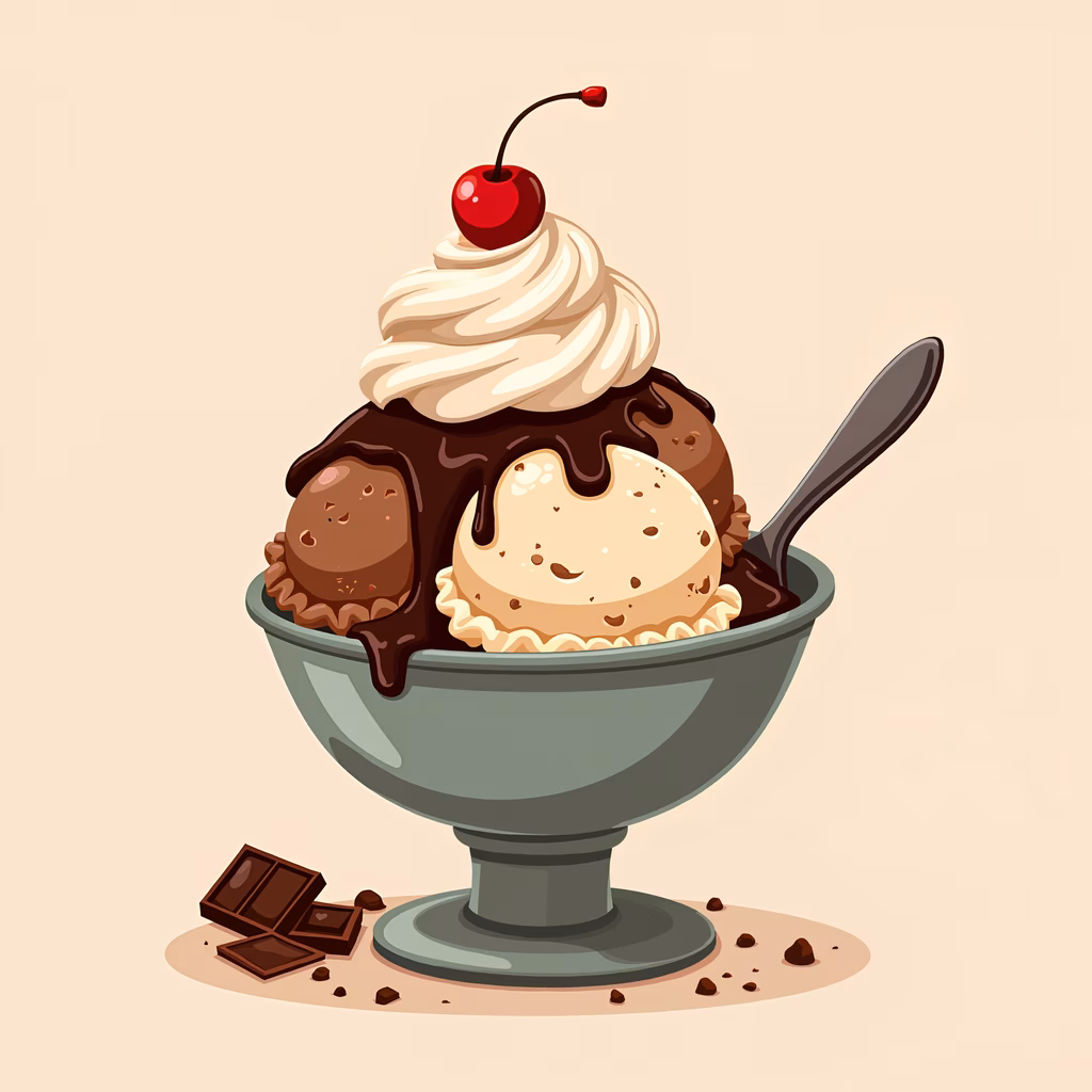 A yummy sundae with chocolate and vanilla ice cream, whipped cream, and a cherry on top.