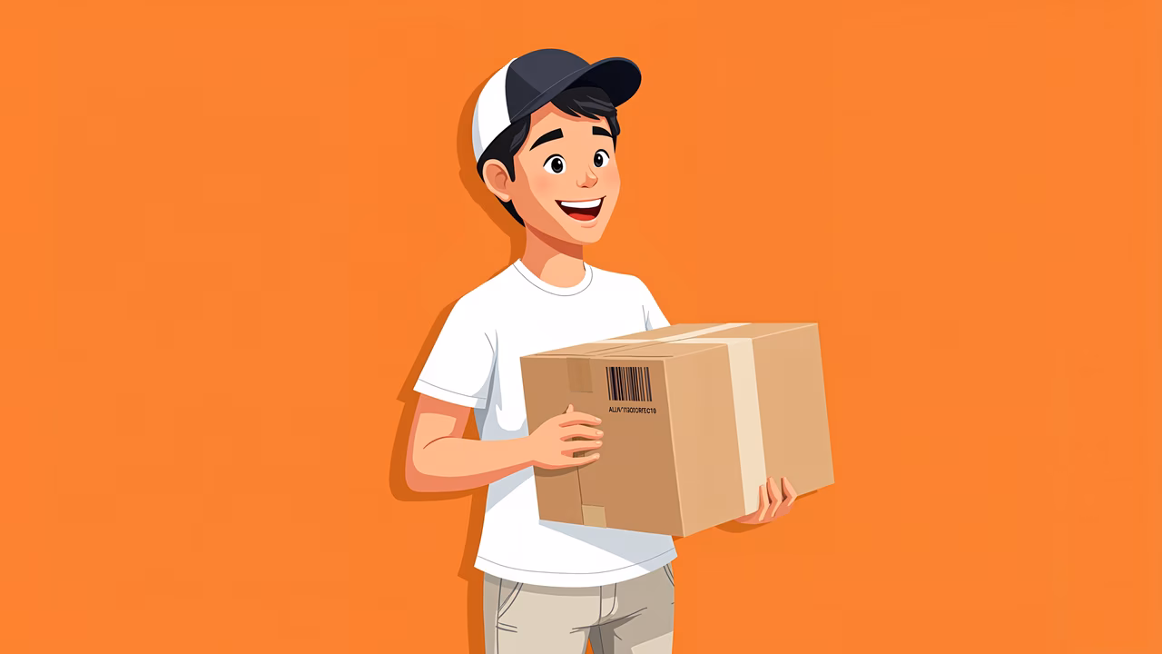 Brightly colored cartoon illustration of a delivery person carrying a package.