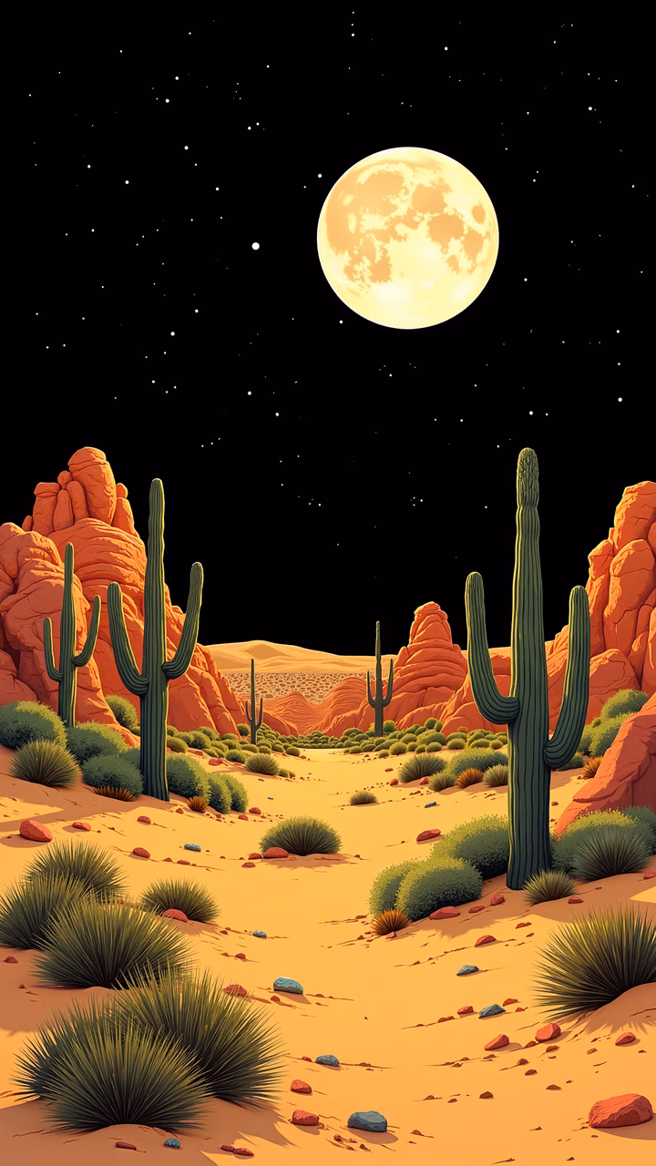 A tranquil desert scene illuminated by a full moon, featuring cacti and rugged rock formations.