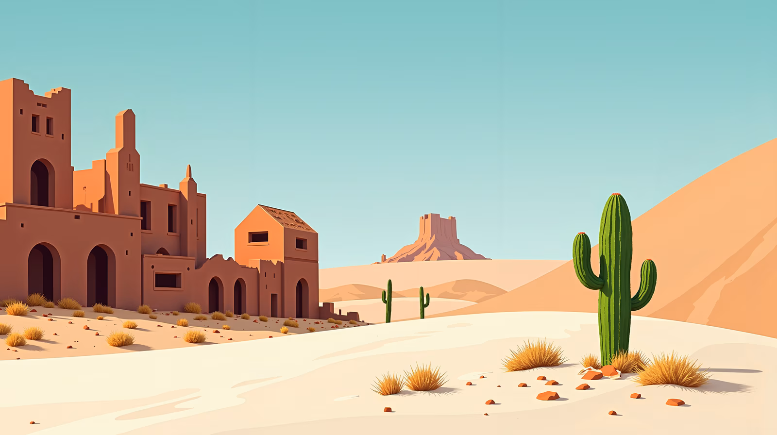 A peaceful desert scene with a cactus and rustic buildings.