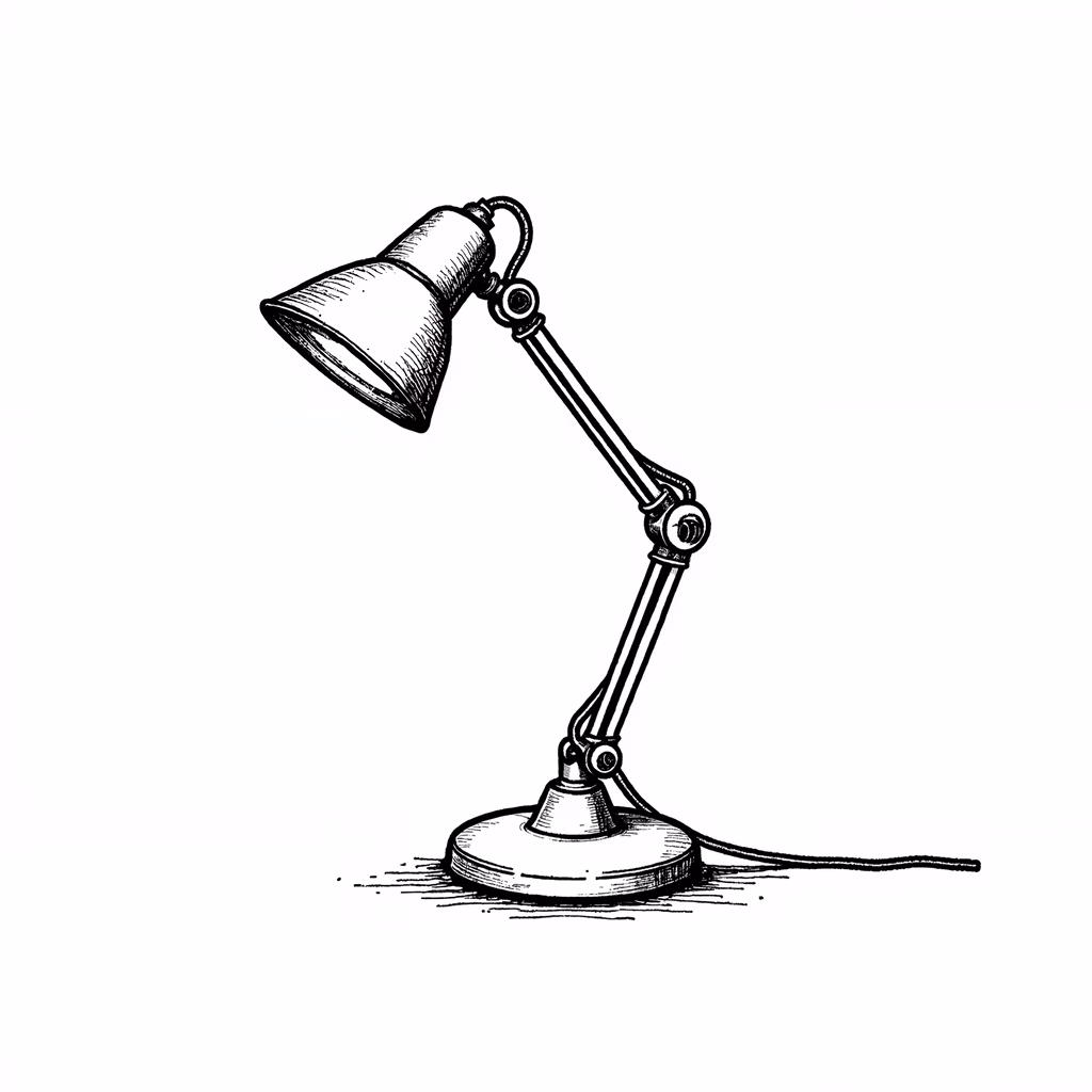 Detailed black-and-white illustration of a classic desk lamp, emphasizing elegance and craftsmanship.