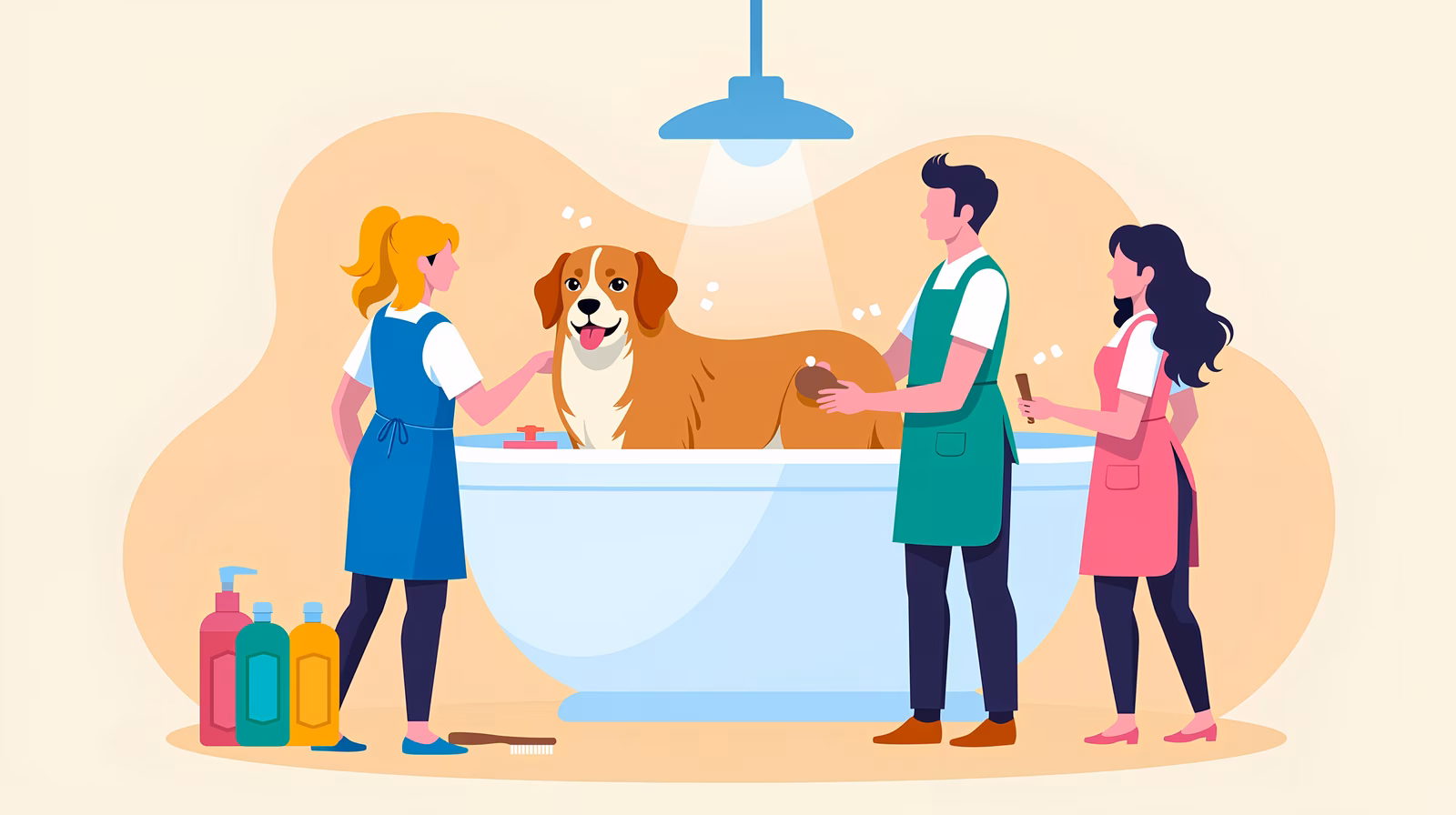 Three groomers bathing a happy dog in a bathtub, creating a joyful pet care scene.