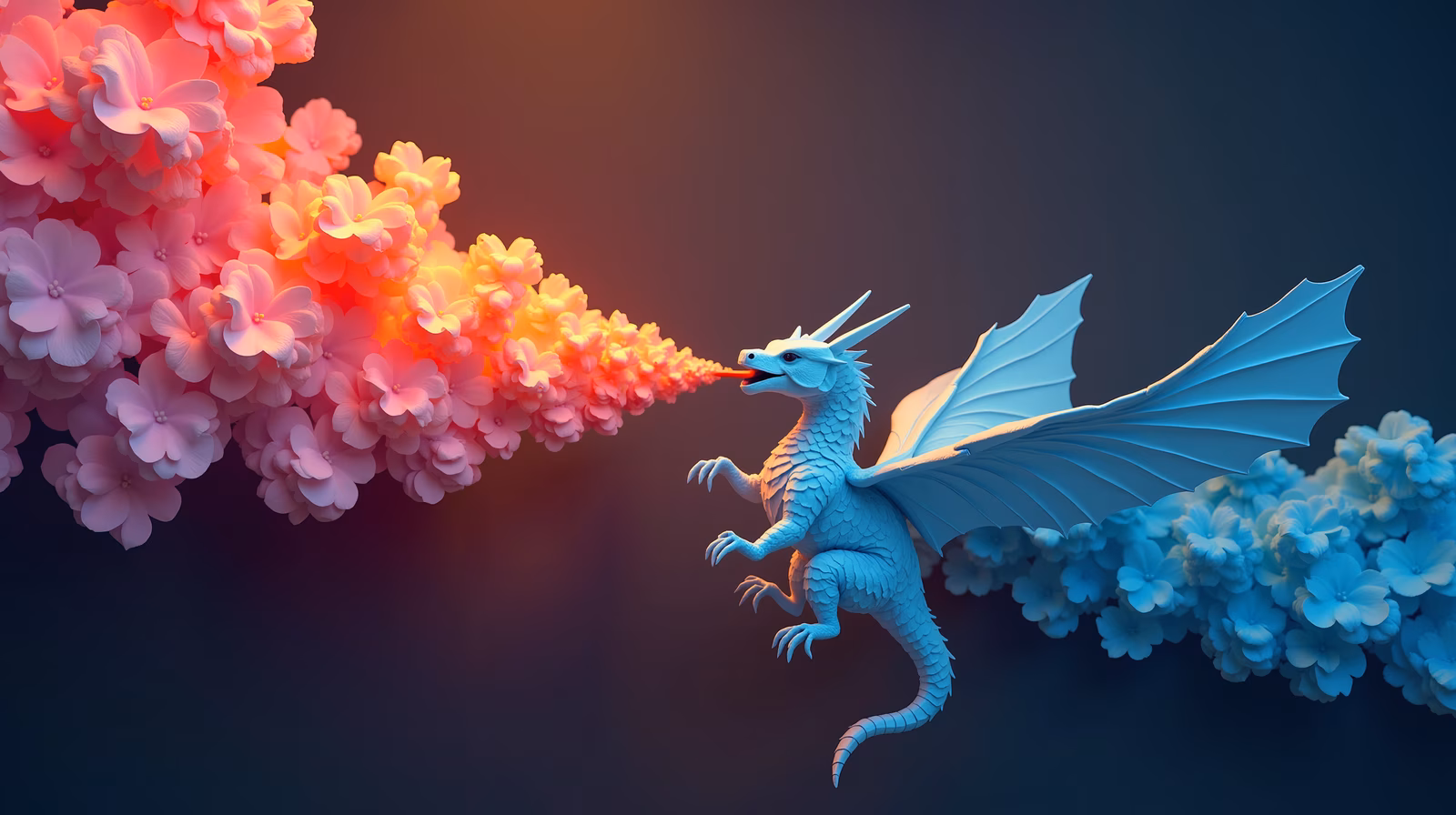 Magical dragon exhaling a bouquet of colorful flowers.