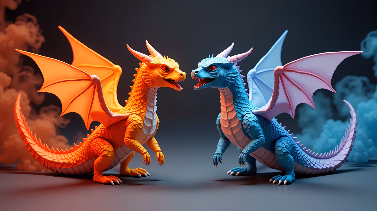 A clash of two colorful dragons in a fantastical setting.