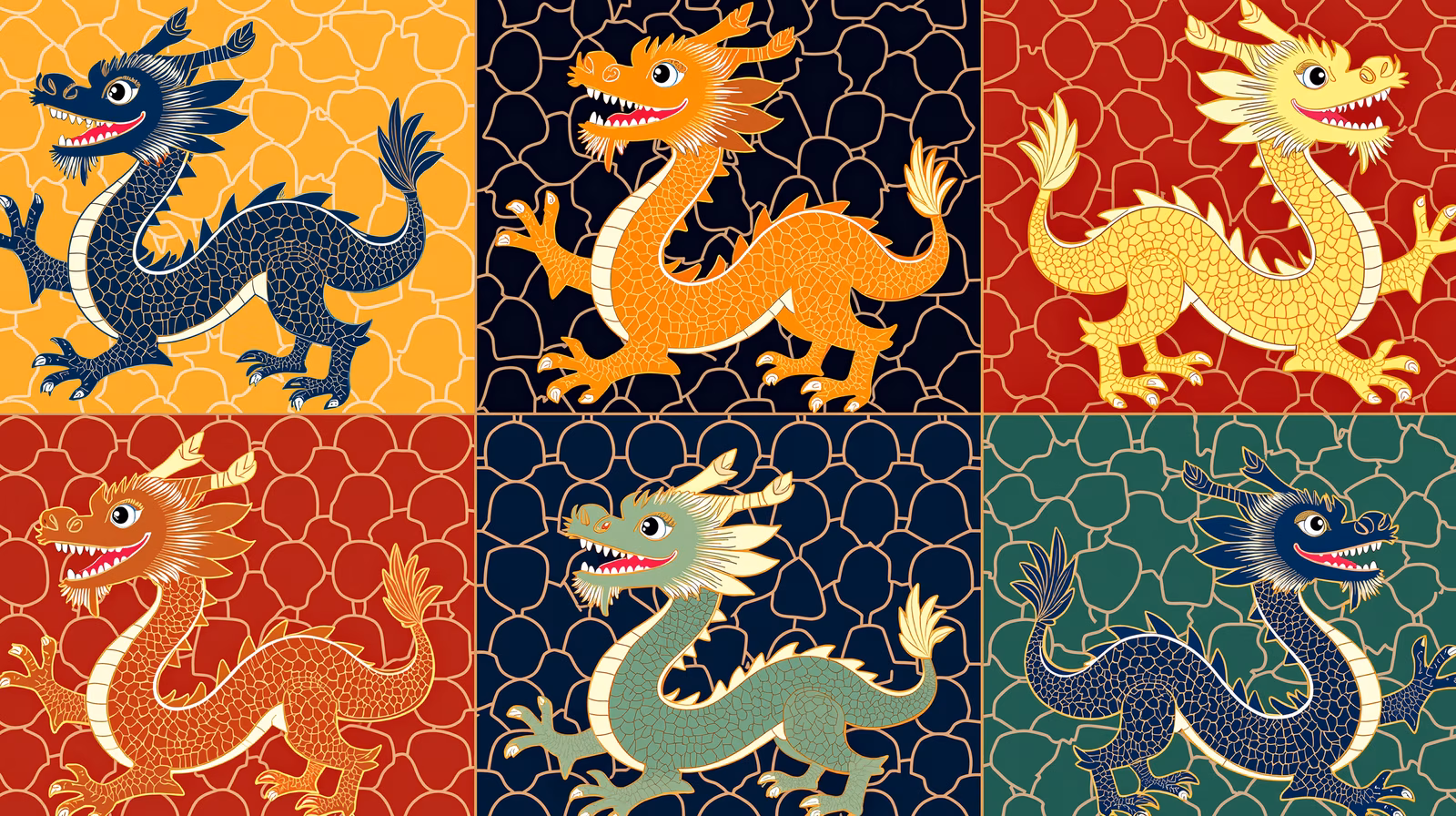 Six colorful dragon illustrations with dynamic designs and textured backgrounds.