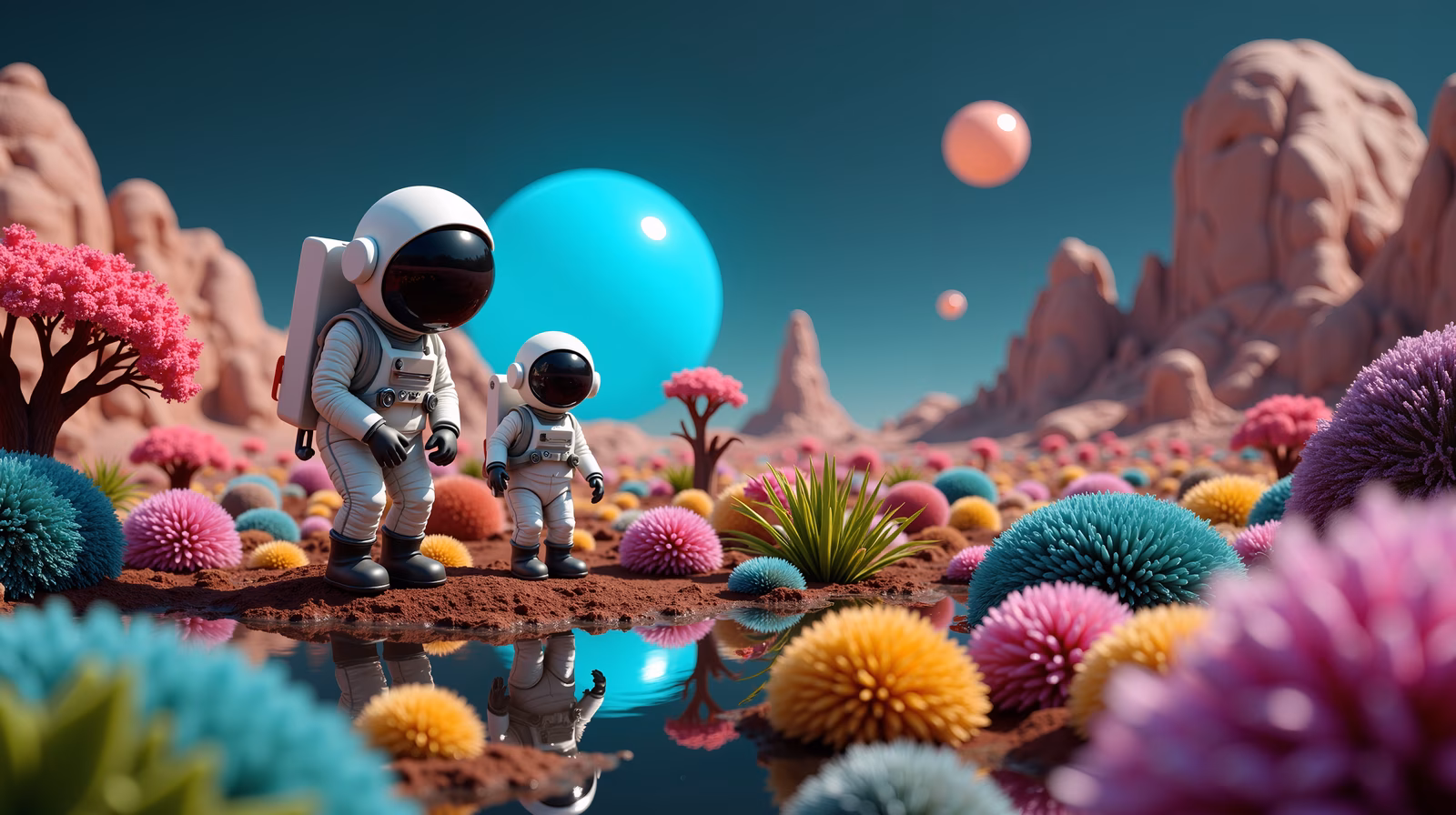Two astronauts explore a fantastical alien world filled with vibrant colors and surreal landscapes.