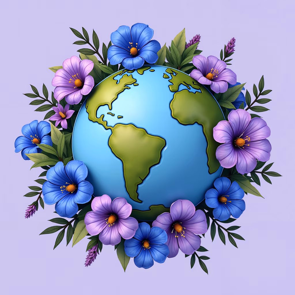 A colorful illustration of Earth surrounded by blooming flowers, symbolizing environmental harmony.