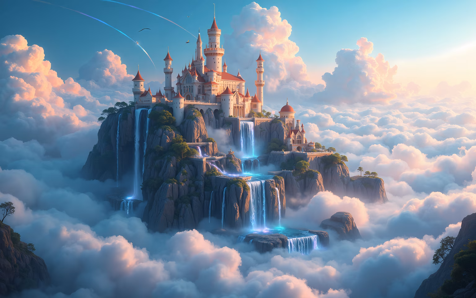 A fairy tale castle amidst clouds and waterfalls, evoking enchantment and peace.