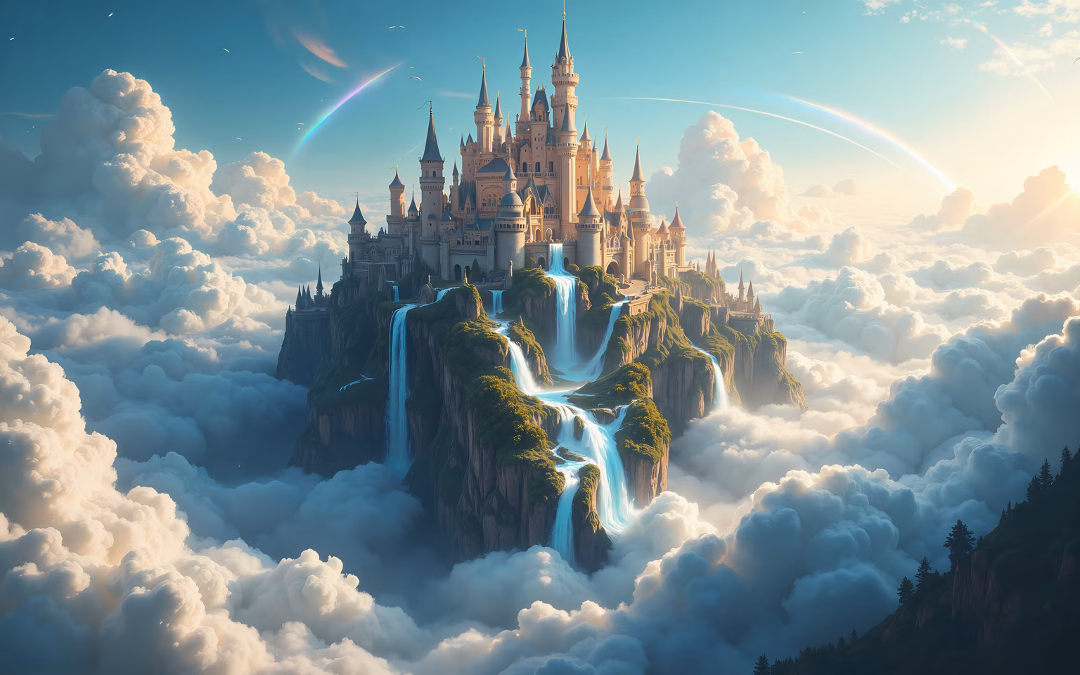 A magical castle in the clouds, surrounded by waterfalls and lush greenery, bathed in golden light.