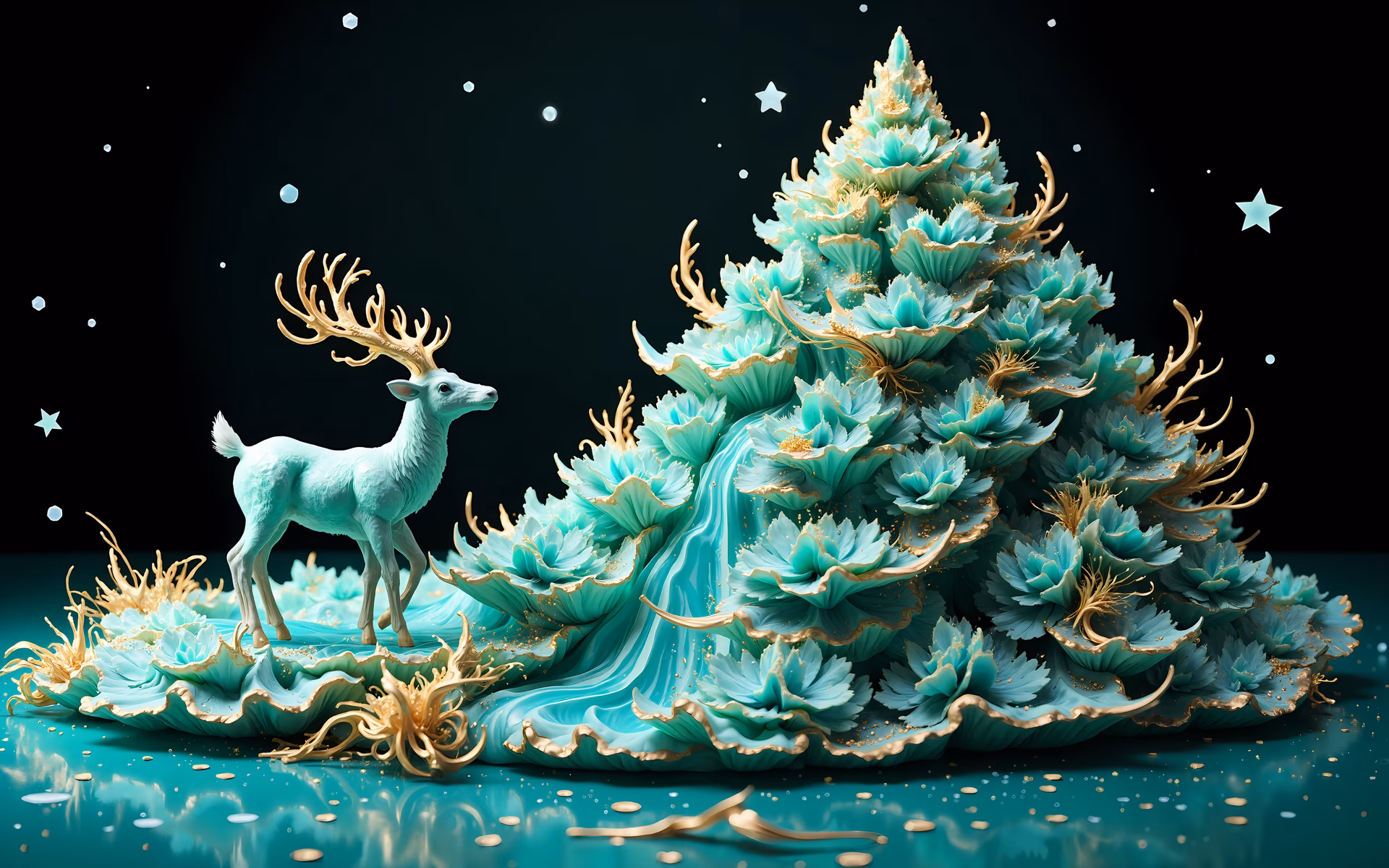 Magical turquoise Christmas tree with golden accents and a deer in a starlit winter wonderland.