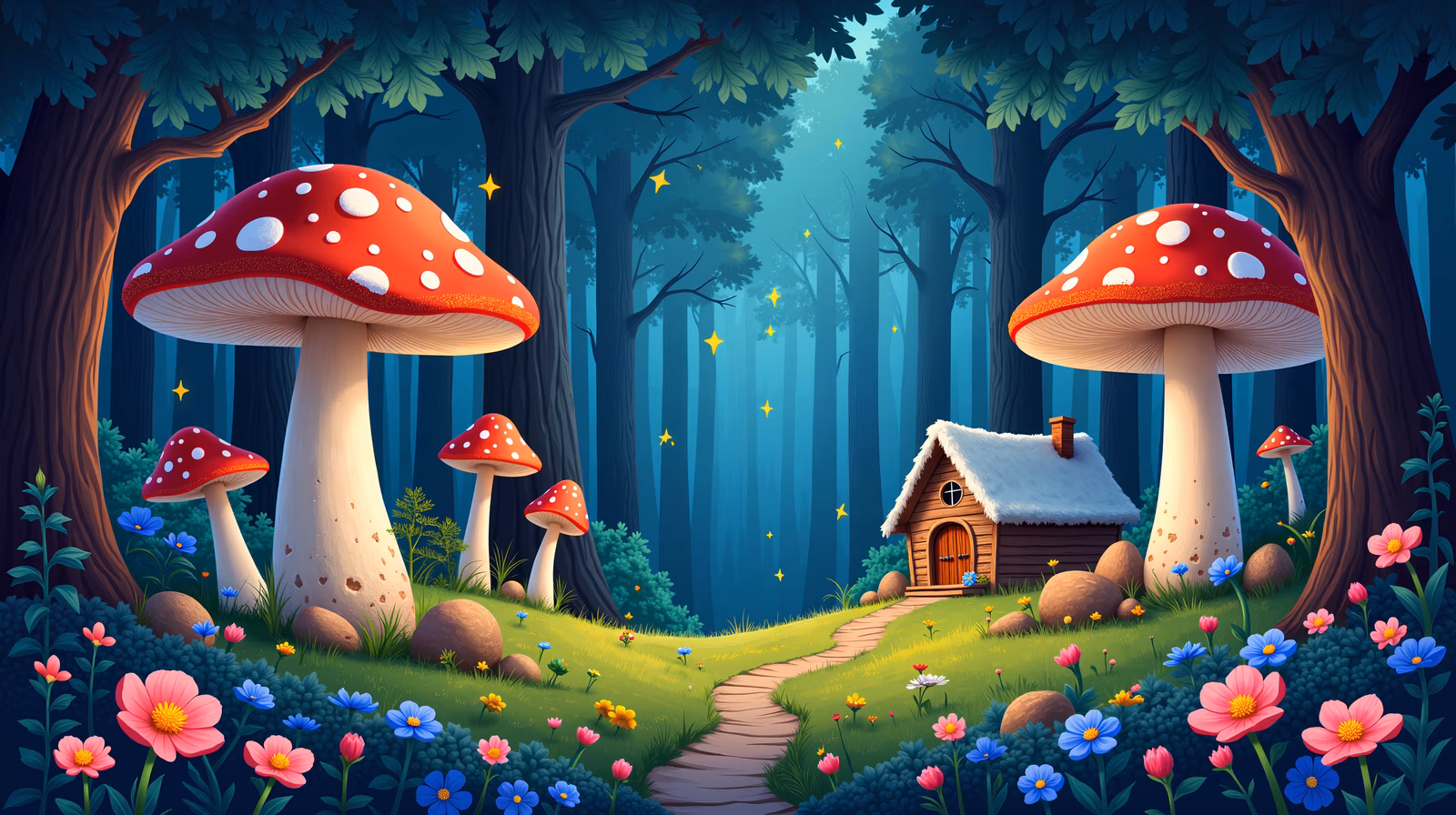 Whimsical forest scene with oversized mushrooms and a cozy cabin, perfect for fantasy enthusiasts.