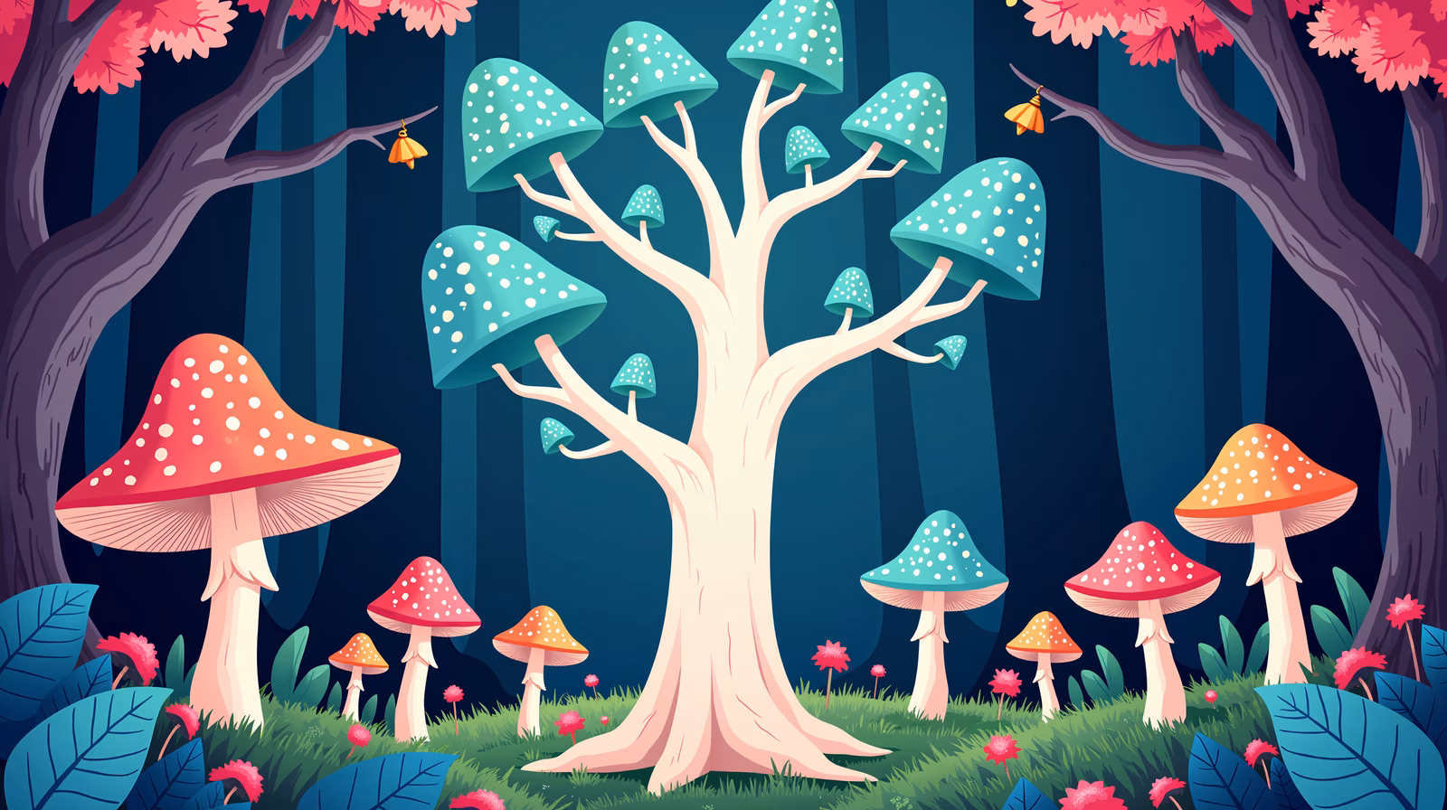 Whimsical forest scene with oversized mushrooms and vibrant foliage.