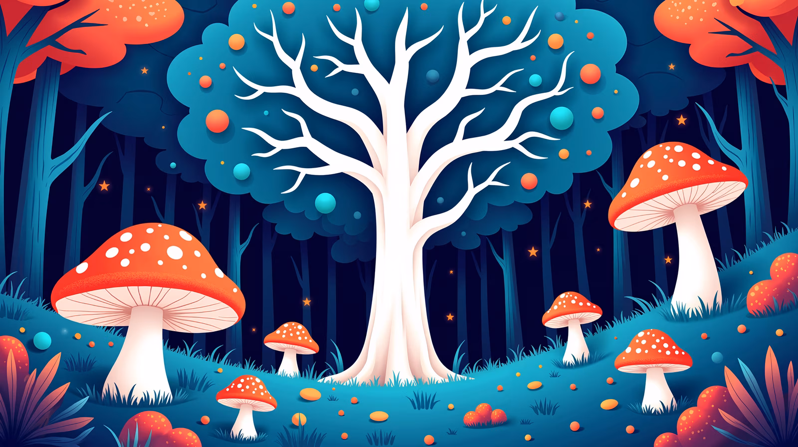Whimsical forest scene with oversized mushrooms and a bare tree, vibrant colors, magical atmosphere.