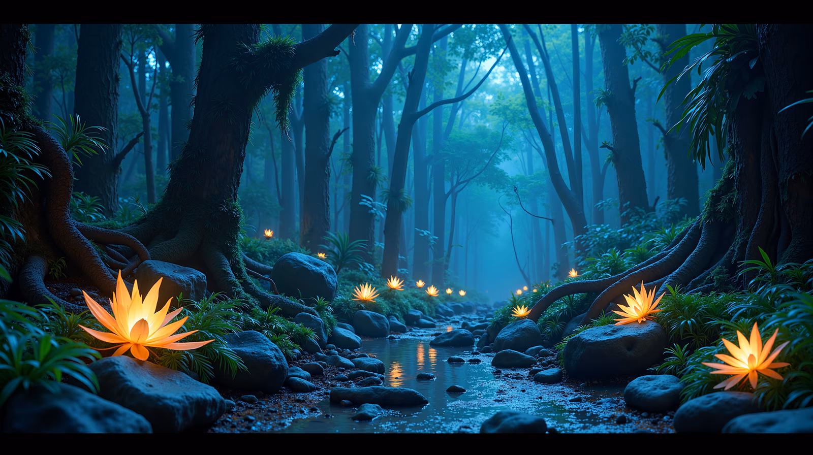 Mystical forest with glowing lotus flowers and a tranquil stream.