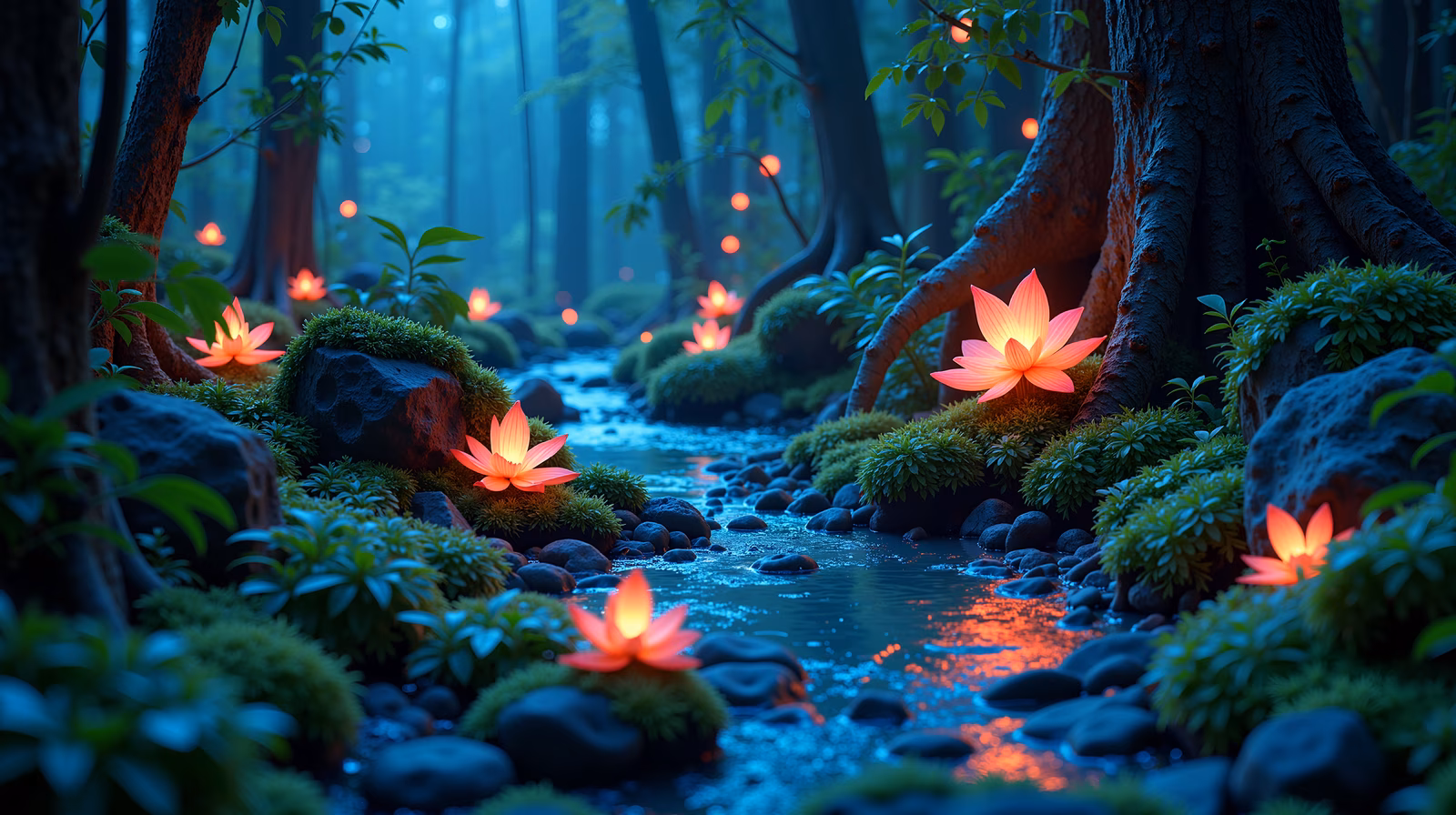 Glowing lotus flowers in a mystical forest stream.
