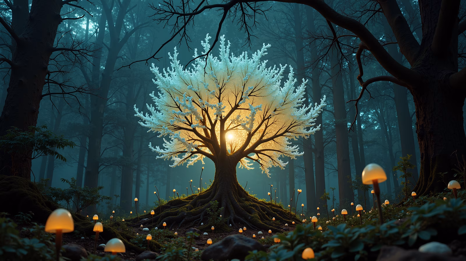 A glowing tree in a mystical forest with luminous mushrooms, creating a serene and magical atmosphere.