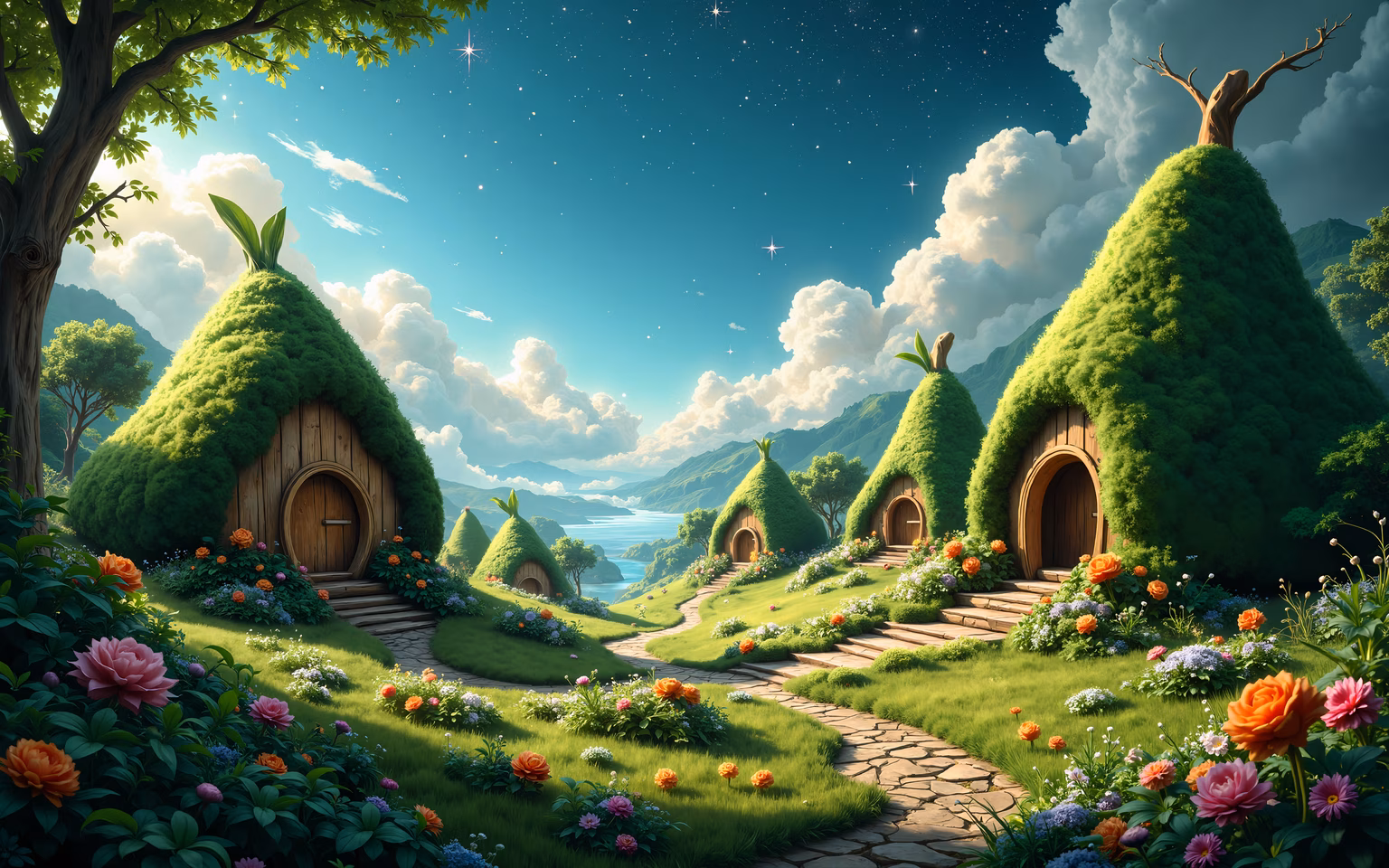 A charming hobbit village surrounded by nature and stars.