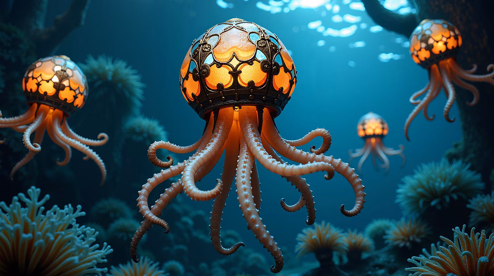 Glowing octopuses with ornate lanterns in a magical underwater setting.