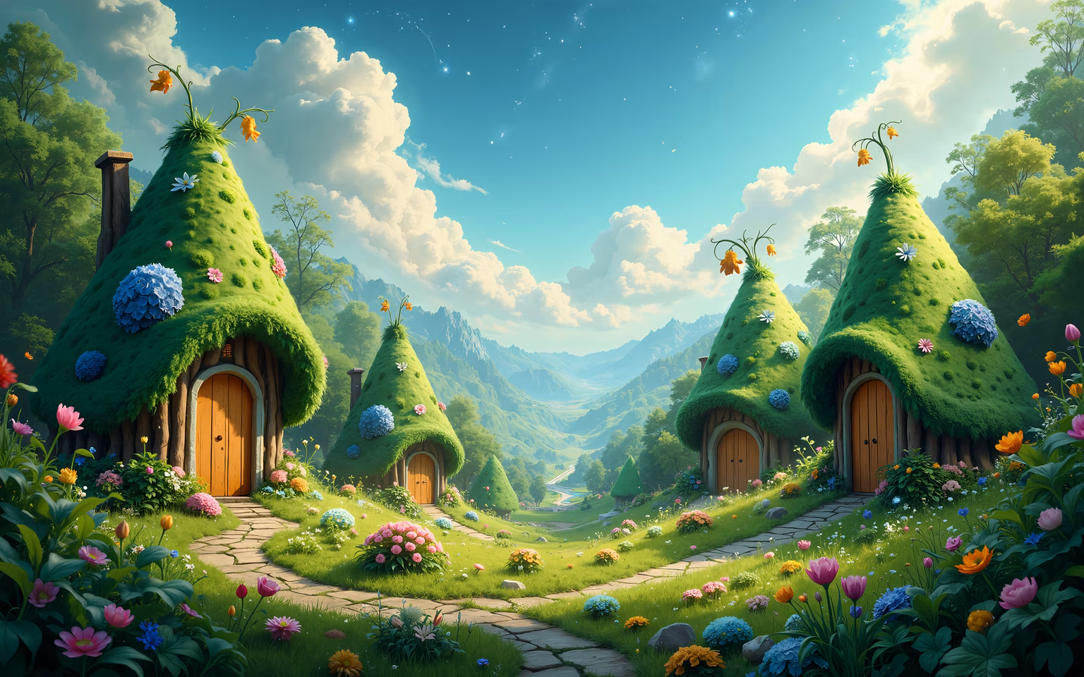 Whimsical village with mossy-roofed houses and vibrant flowers in a serene fantasy setting.