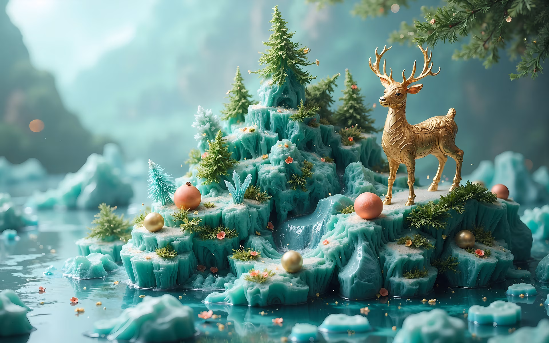 A golden deer in a mystical winter wonderland with teal and icy blue tones.