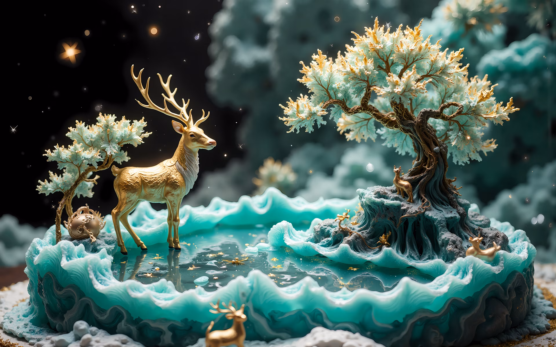 Golden deer in a mystical winter landscape with icy blue trees and starry skies.
