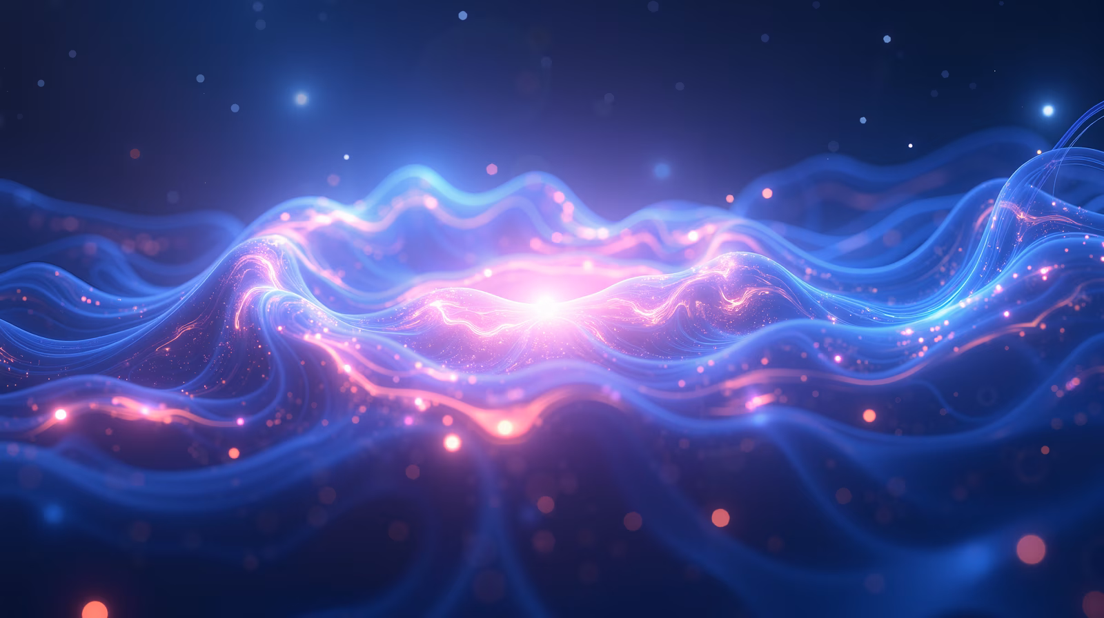 Soft blue and purple waves with glowing highlights create a serene, dreamlike atmosphere.