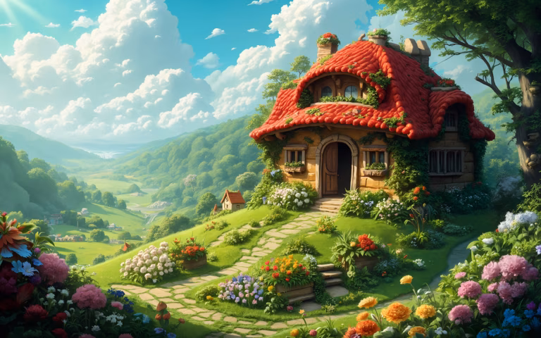 Whimsical fairy tale cottage surrounded by lush greenery and vibrant flowers.