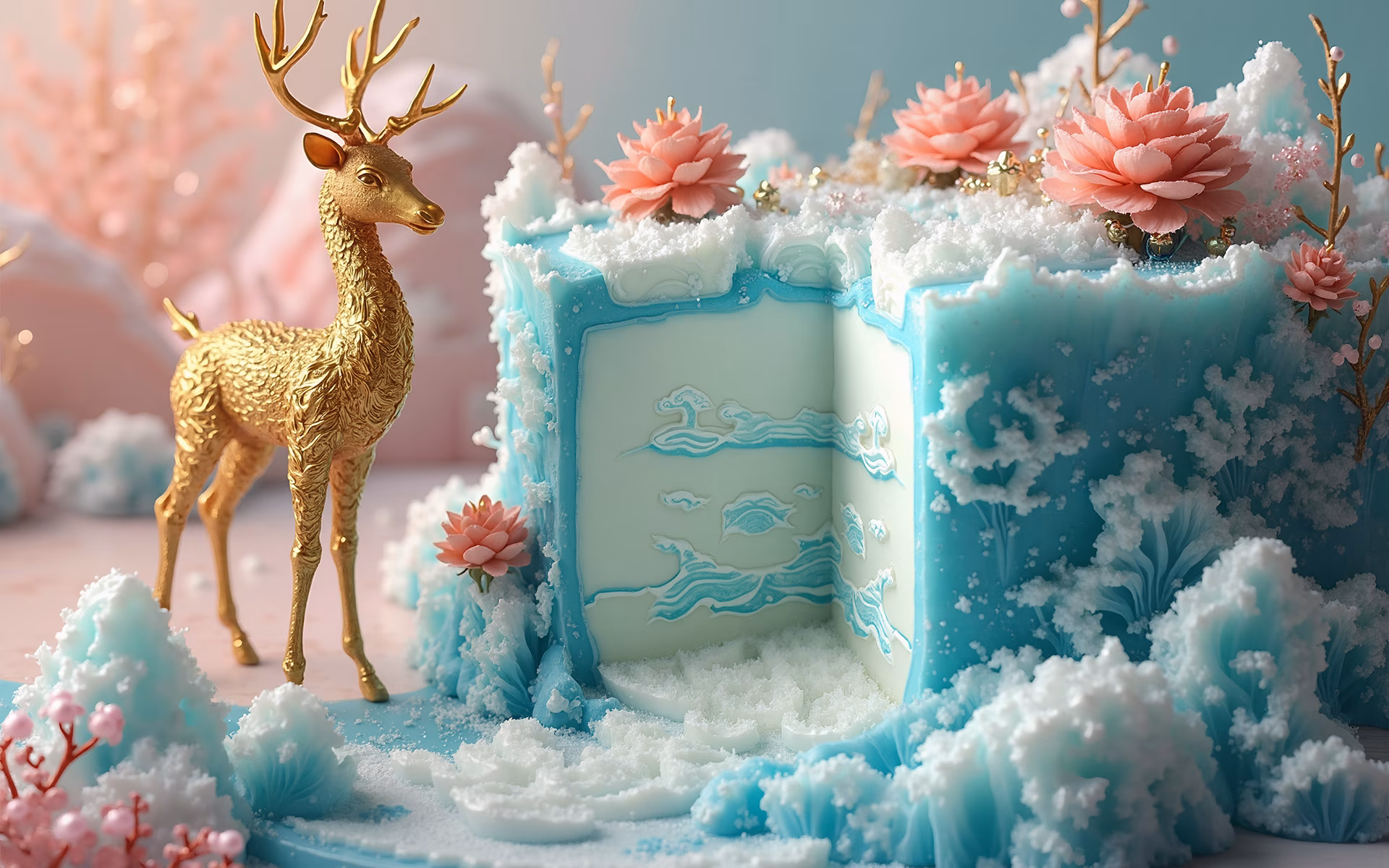 Golden deer and magical cube in a whimsical fantasy setting.