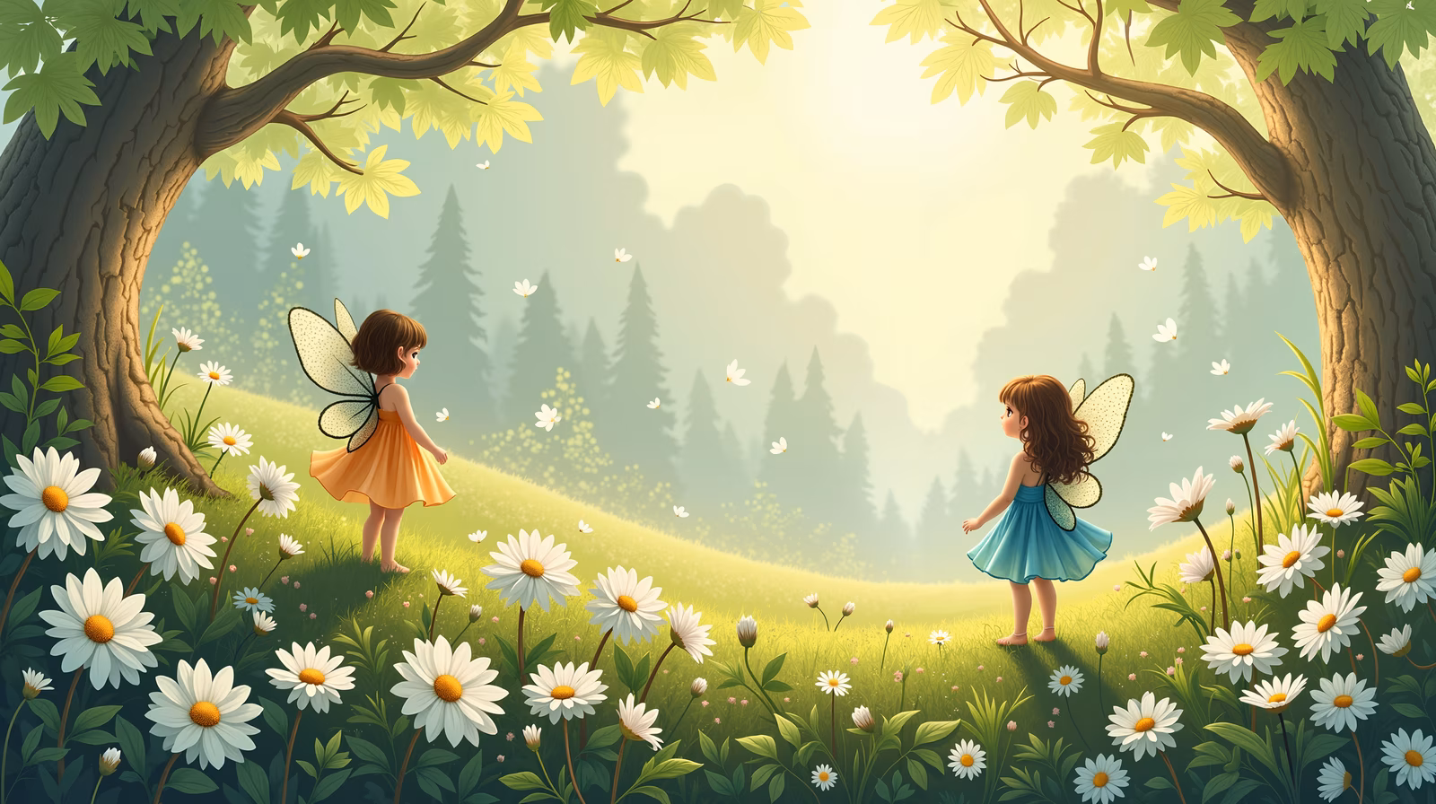 Two fairies in a whimsical forest setting surrounded by daisies and trees.