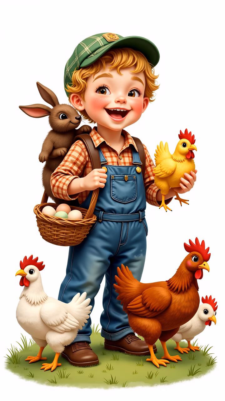 A happy farm boy with chickens and eggs, perfect for children's art.