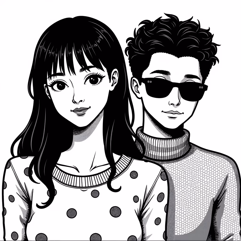 Black-and-white fashion illustration featuring stylishly dressed individuals.