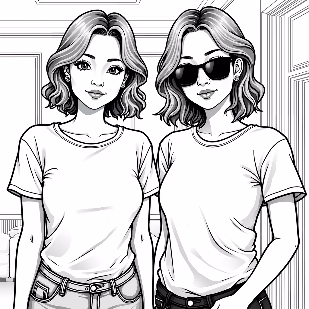 Two fashion-forward twins in a minimalist setting, showcasing casual and cool styles.