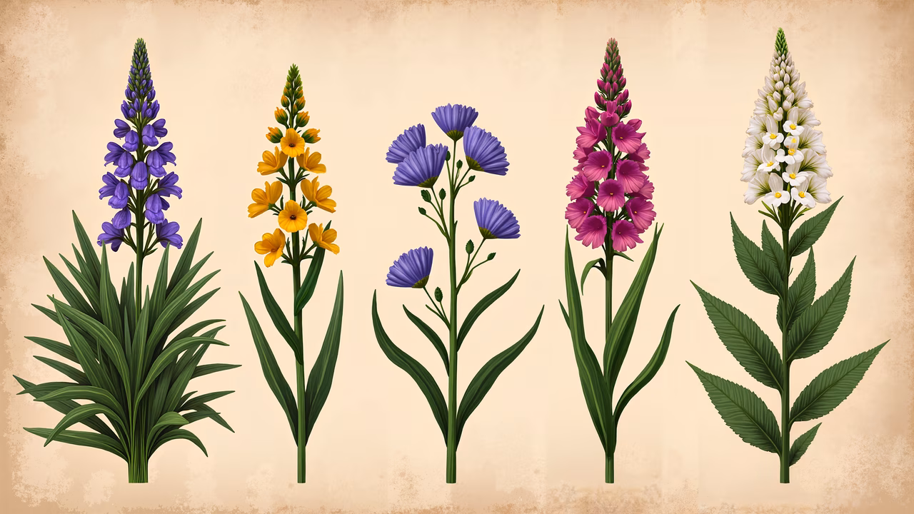 Detailed botanical illustration featuring colorful flowers and greenery.