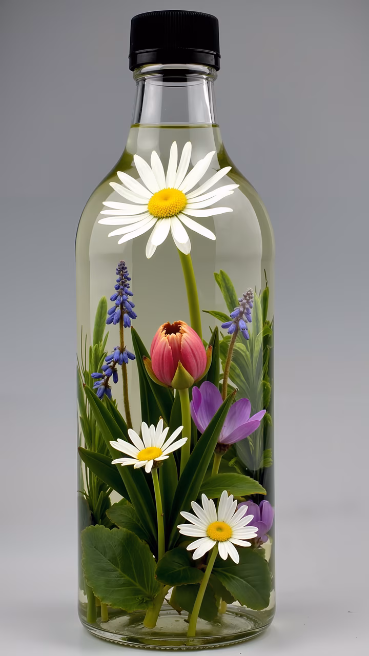 Vibrant floral arrangement in a clear glass bottle, showcasing nature's beauty.