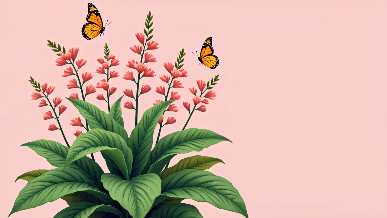 Vibrant floral illustration with butterflies on a soft pink background.
