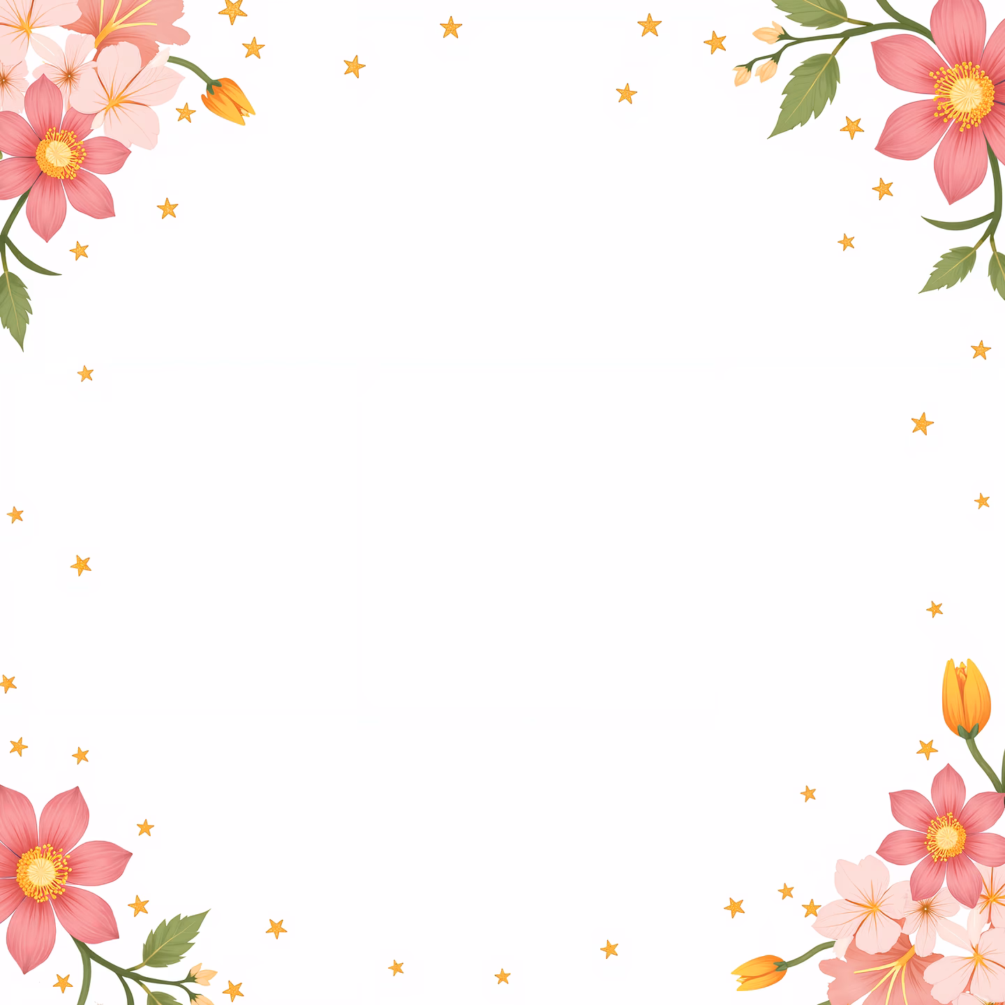 Delicate floral frame with vibrant pink flowers and golden stars on a soft white background.