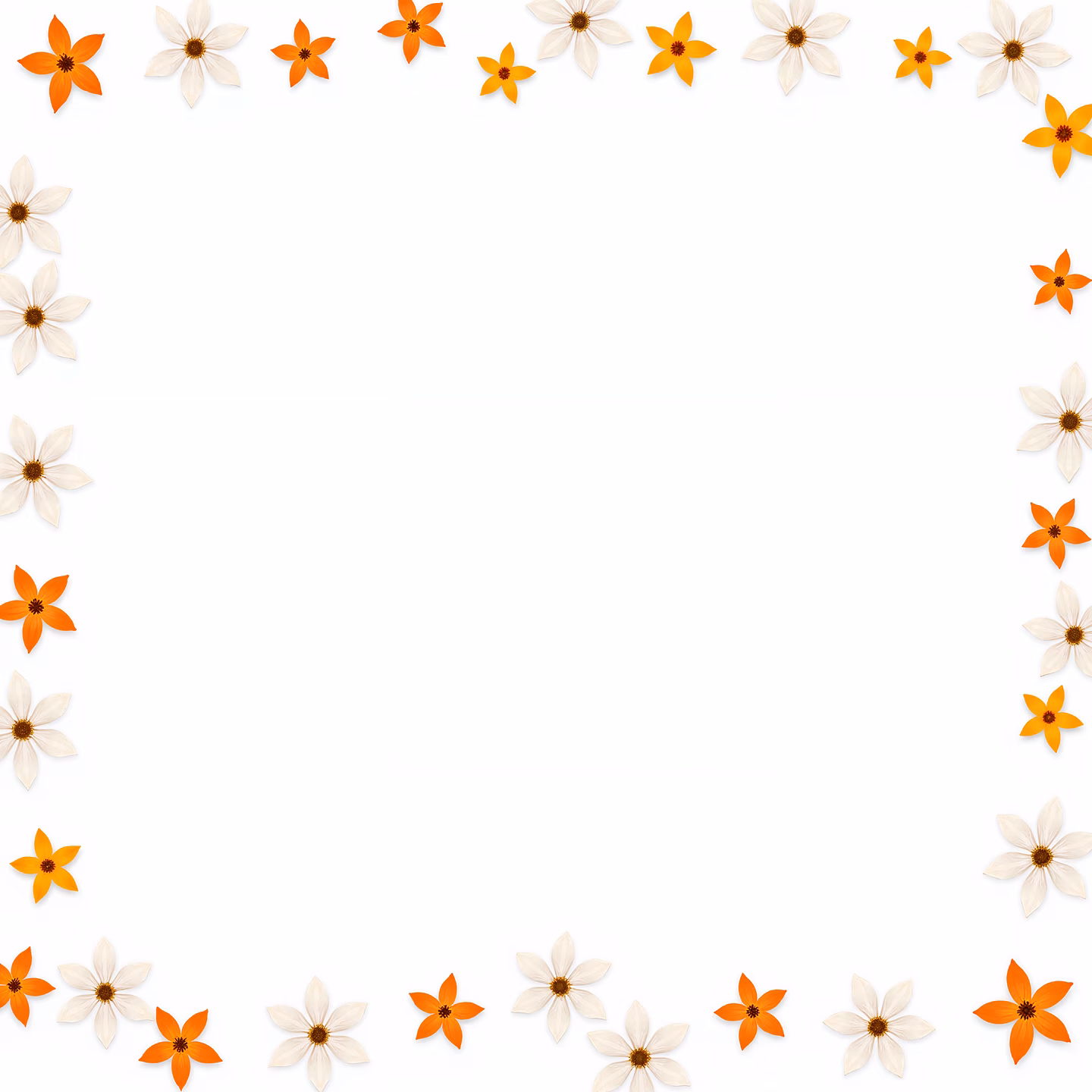 Symmetrical floral frame with white and orange flowers, elegant and tranquil.