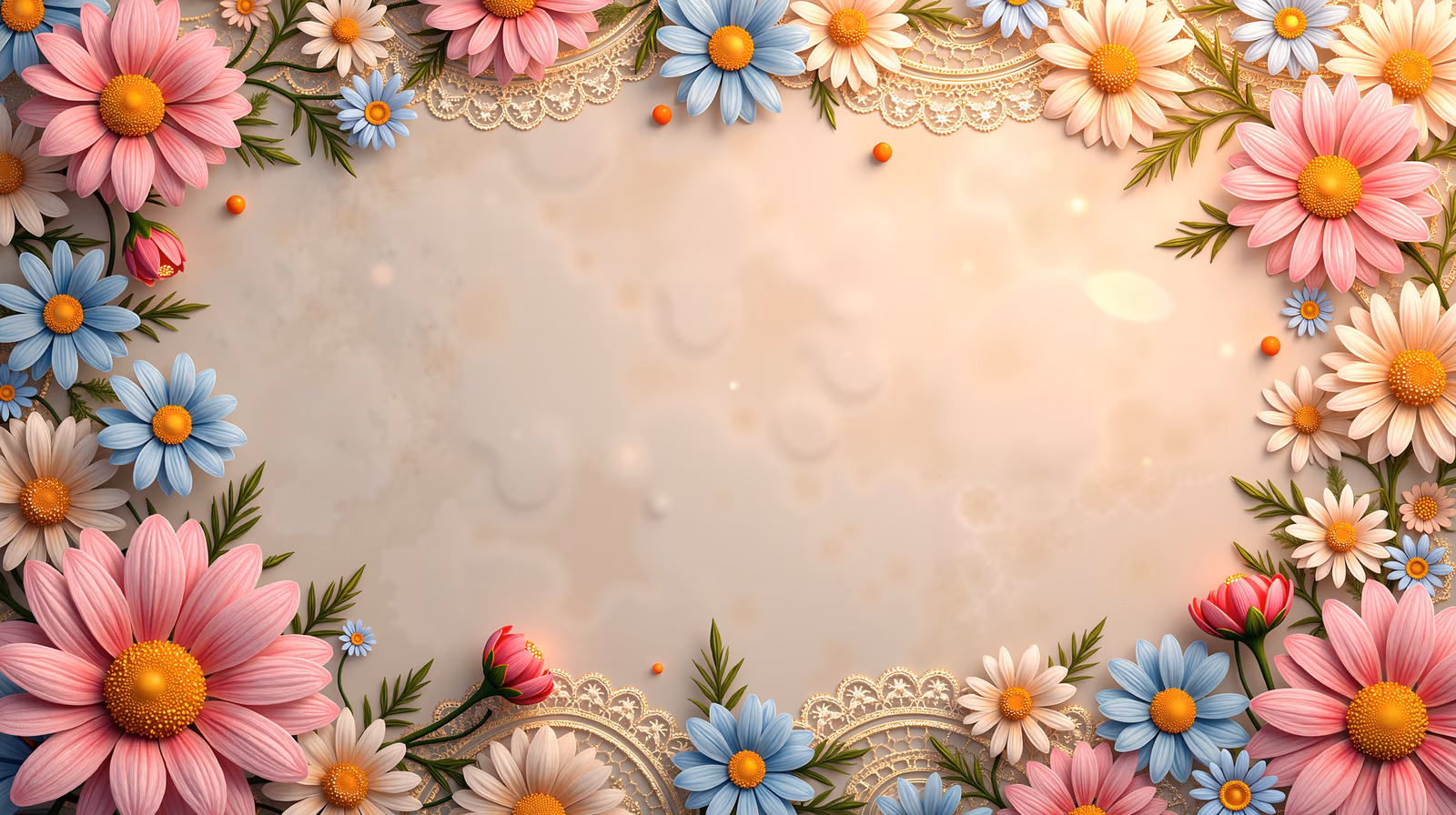 Elegant floral frame with soft colors and lace details.