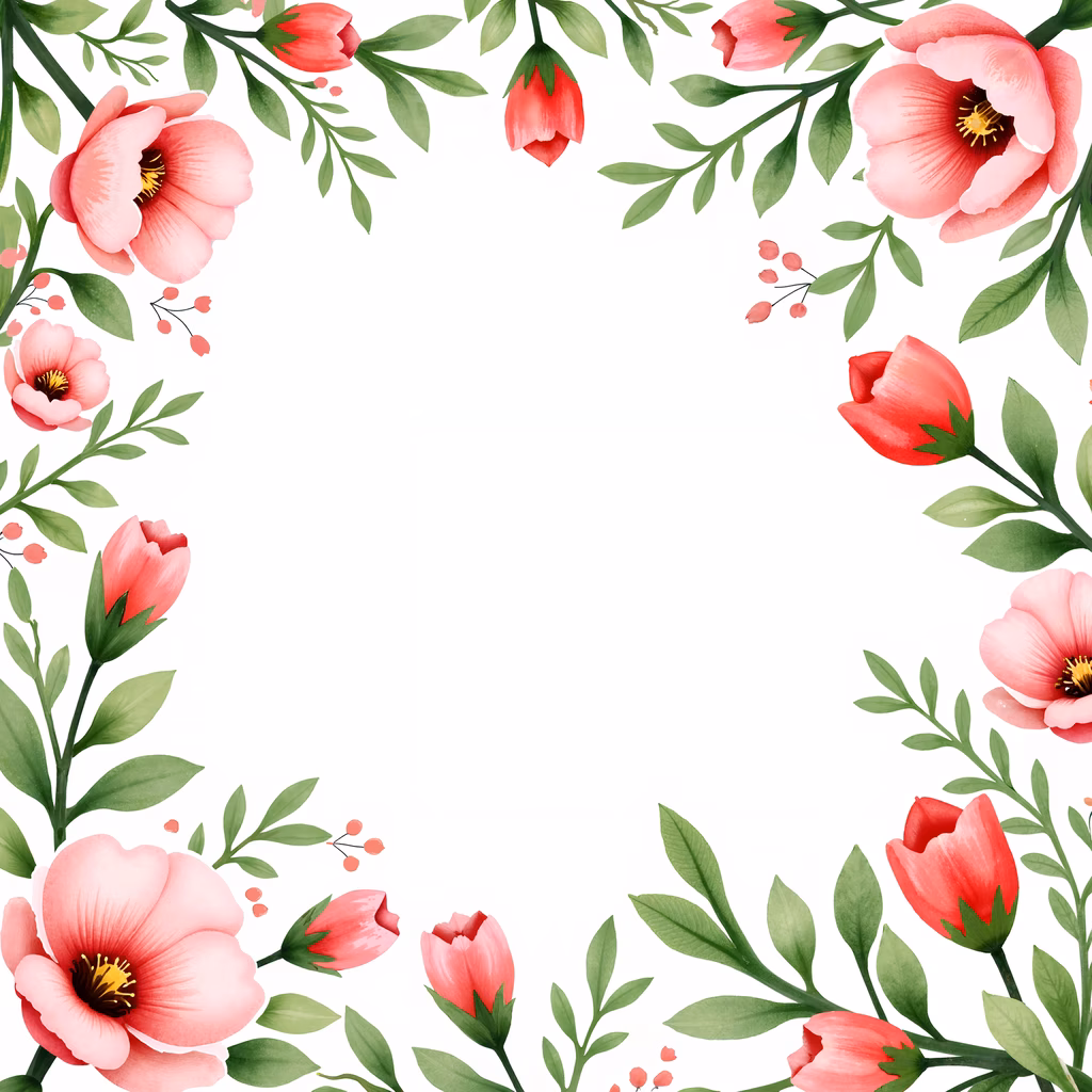 Delicate floral frame with vibrant pink flowers and lush green leaves.