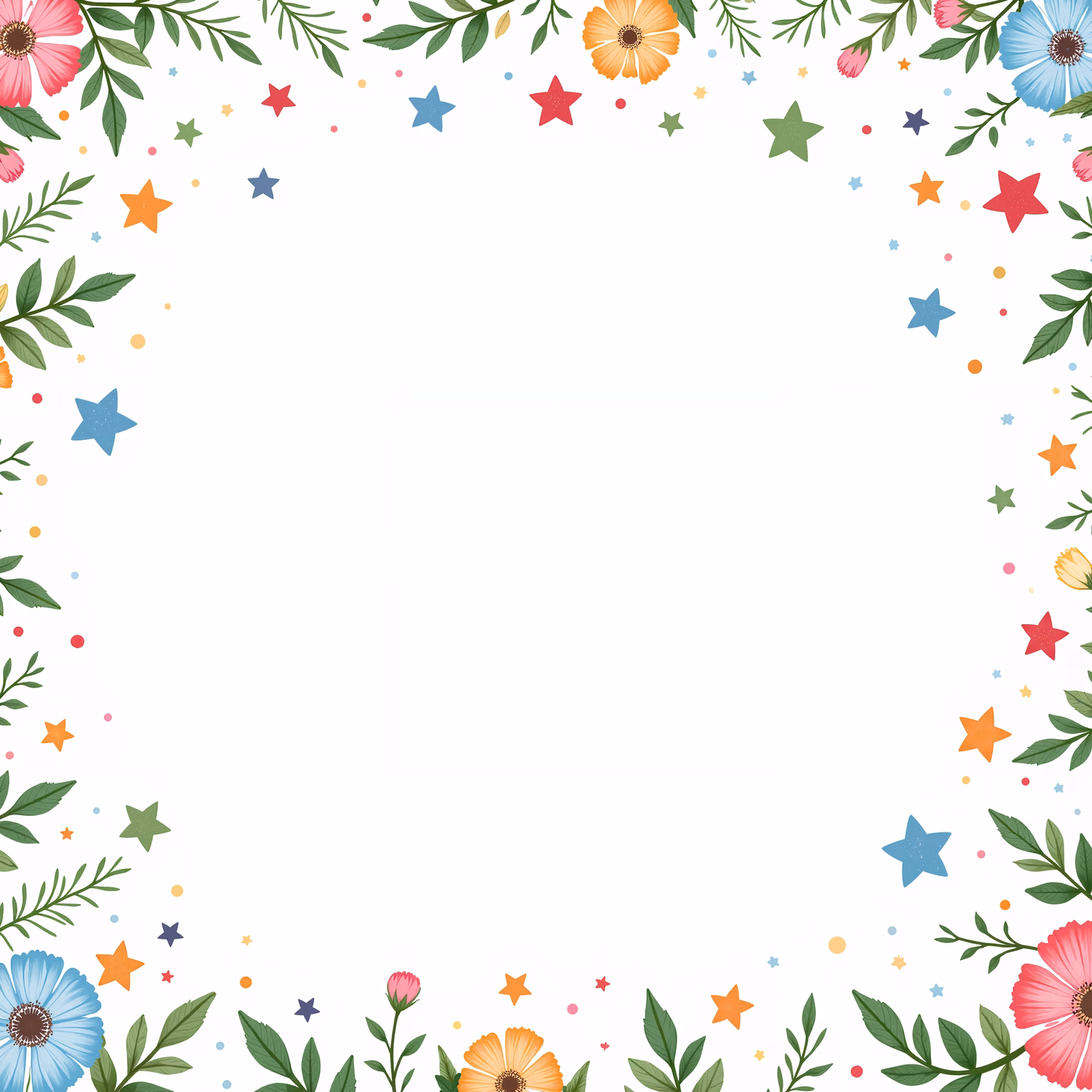 Vibrant floral frame with colorful flowers and festive details.