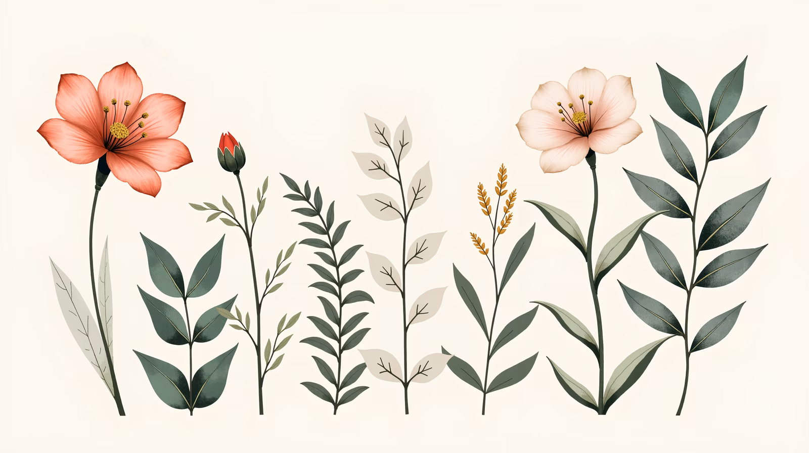 Elegant floral illustration with soft pastel colors and detailed leaves.