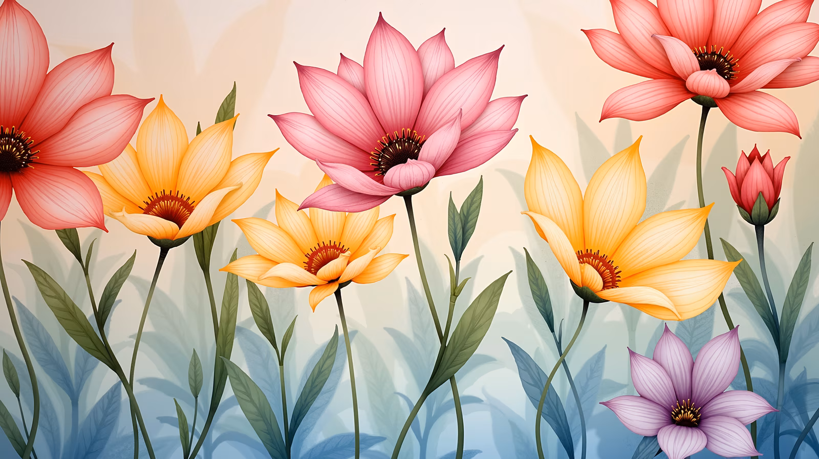 Vibrant floral illustration with soft pastel colors and detailed petals.