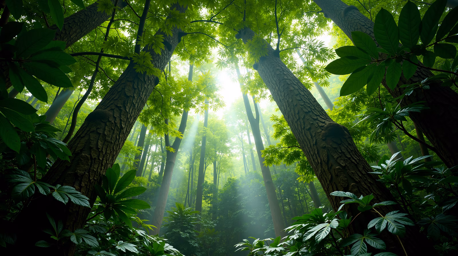 A tranquil forest scene illuminated by sunbeams, perfect for nature enthusiasts.